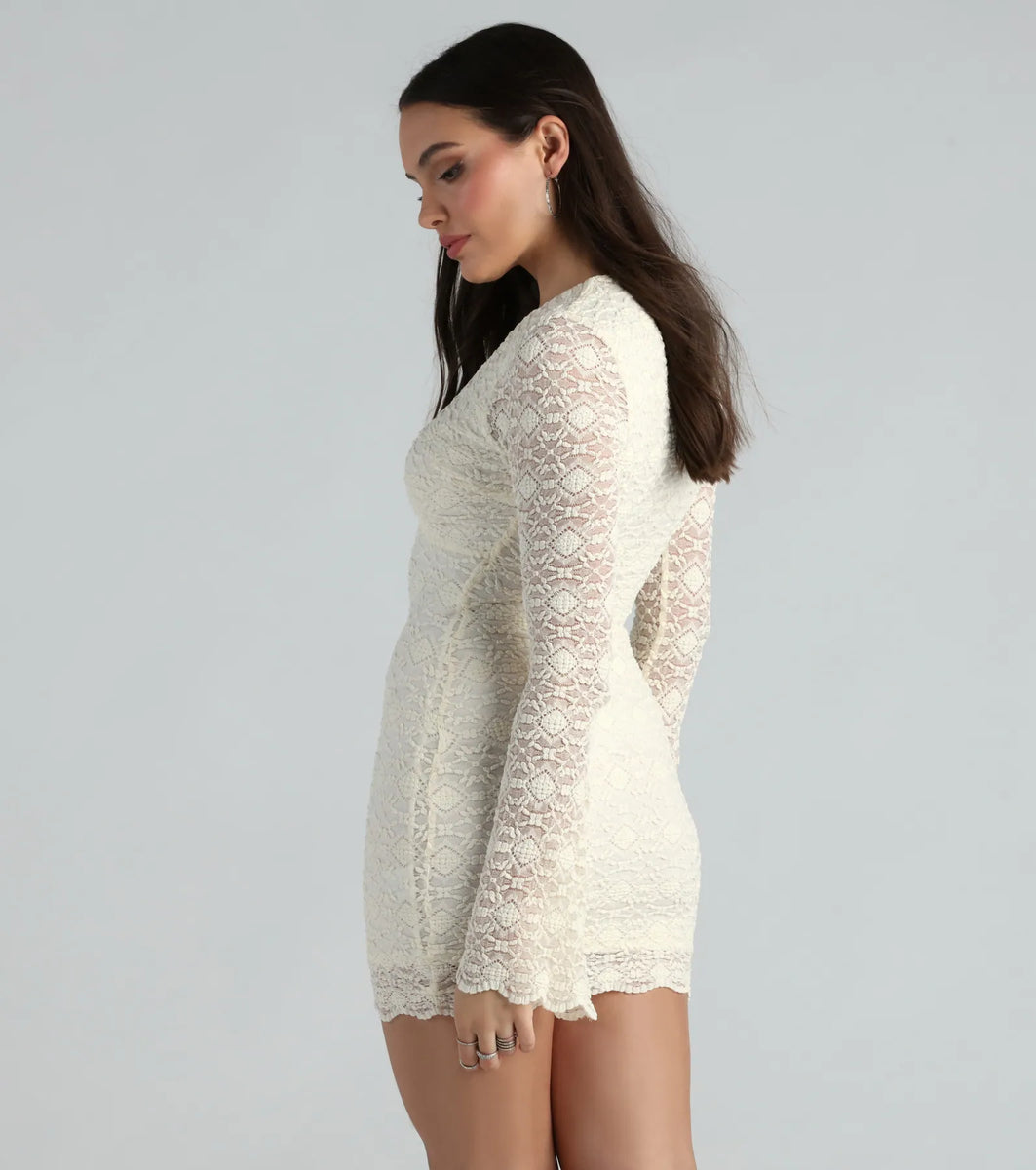 Loved In Lace V-Neck Long Sleeve Short Dress | Windsor