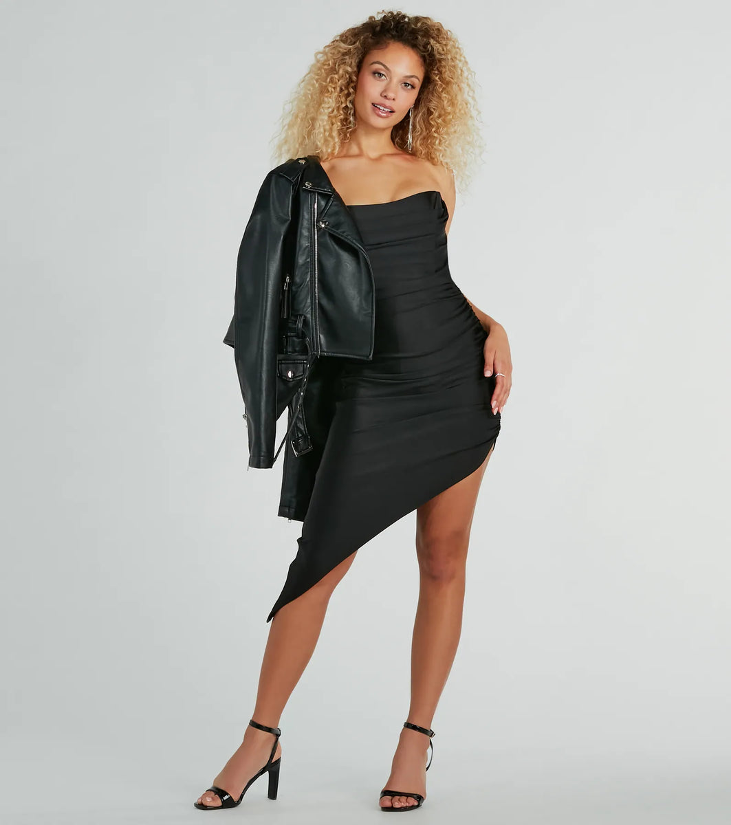 rowa asymmetric knit mini dress Sultry Drama Strapless Asymmetric Knit Midi Dress