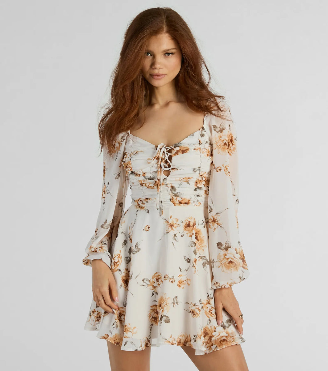 Gorgeous Mood Lace Up Floral Chiffon Skater Dress | Windsor