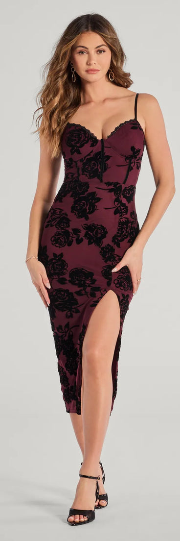 Bold Romance Sleeveless Flocked Velvet Corset Midi Dress in wine, a stunning Valentine's Day dress with a flattering fit and romantic details, perfect for date night or Galentine’s celebrations.