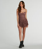 The Romance Dreamer Sweetheart A-Line Lace Mini Dress is a mini dress in mauve, perfect for an above-the-knee holiday party dress or a stylish NYE look, with a short hemline designed to make a winter statement.