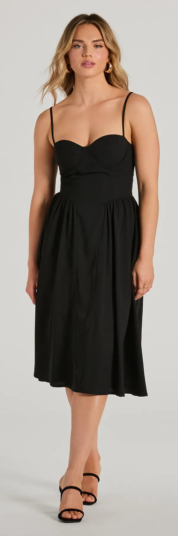 The midi dress length on the Blissful Afternoons Corset A-Line Midi Dress provides an elevated silhouette perfect for any party, occasion, or everyday styling.