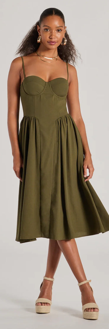 The midi dress length on the Blissful Afternoons Corset A-Line Midi Dress provides an elevated silhouette perfect for any party, occasion, or everyday styling.