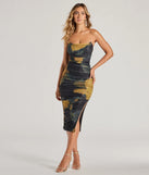 The midi dress length on the Luminous Allure Strapless Corset Abstract Midi Dress provides an elevated silhouette perfect for any party, occasion, or everyday styling.