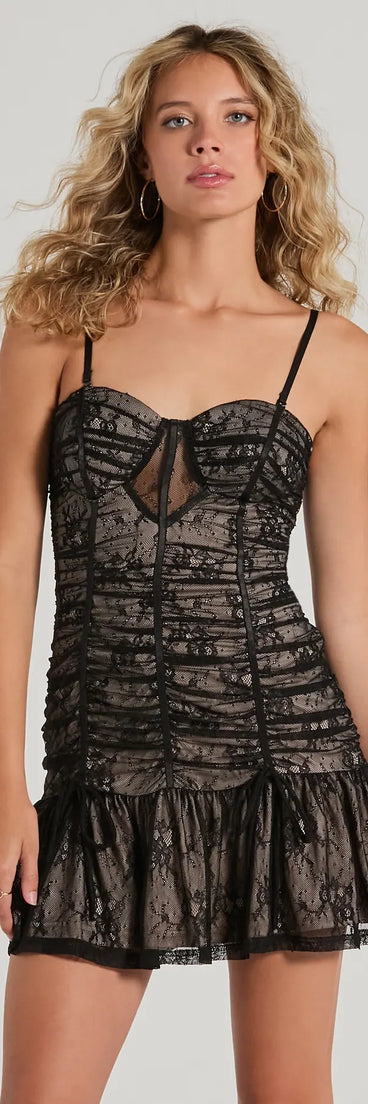 Step into seasonal chic with the Dose Of Sultry Lace Bodycon Ruffle Mini Dress, a black mini dress featuring an above-the-knee cut ideal for cocktail parties, festive gatherings, or clubwear.