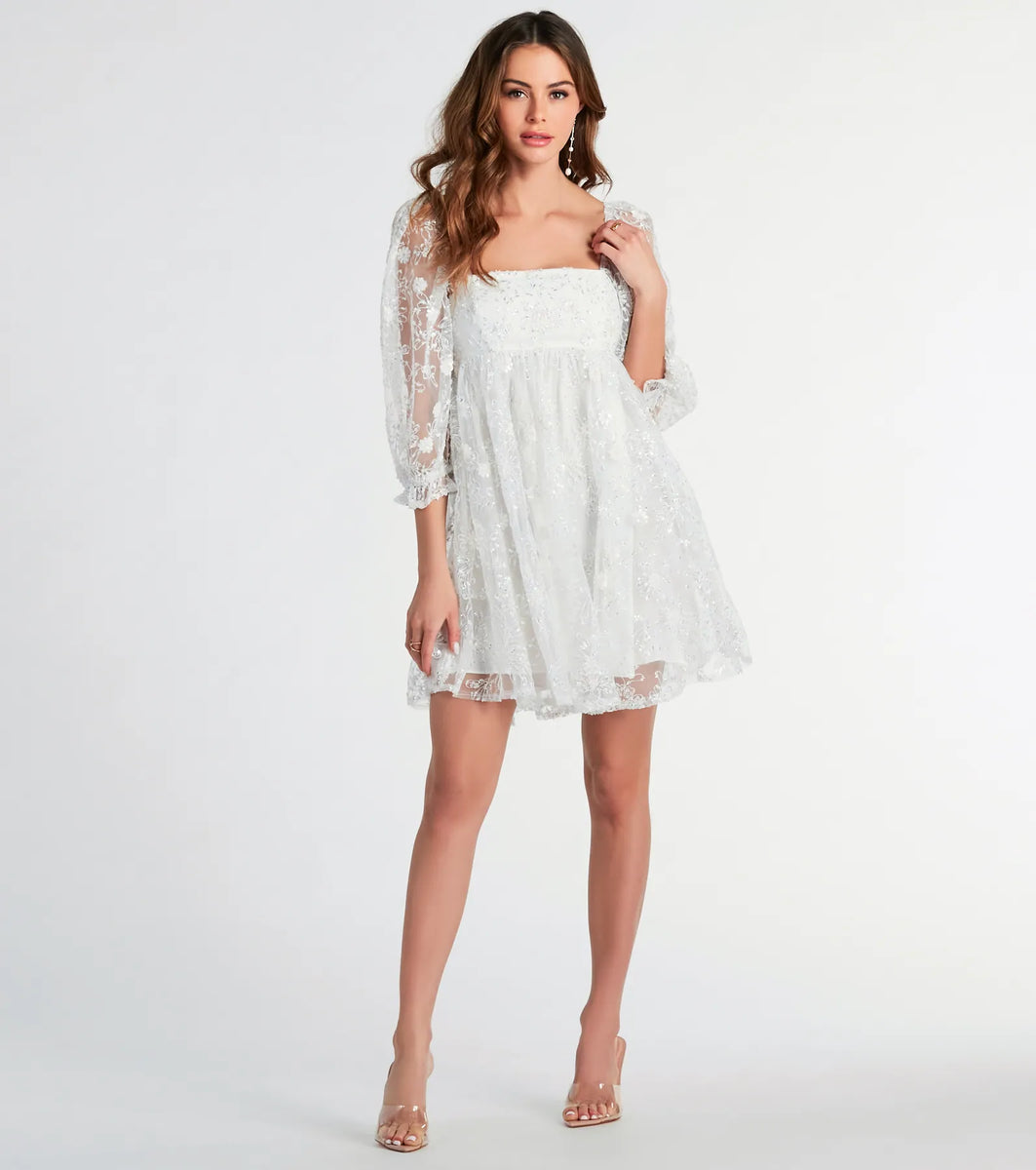 Beautiful Bliss Floral Sequin Mesh Babydoll Dress | Windsor Beautiful Bliss Floral Sequin Mesh Babydoll Dress | Windsor