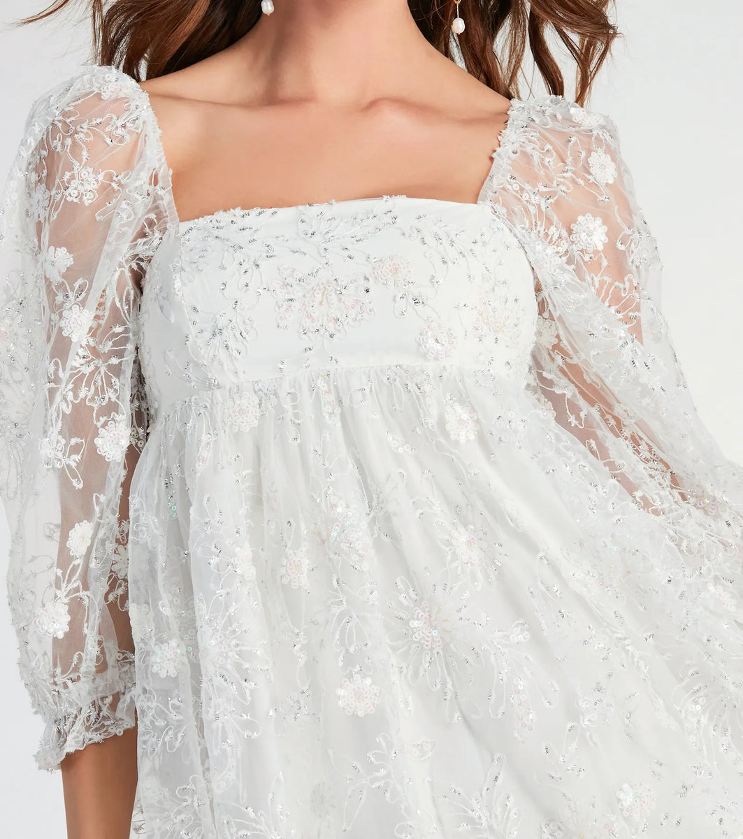 Forest Green Sequin Pearl Embellished Square Neck Babydoll Dress