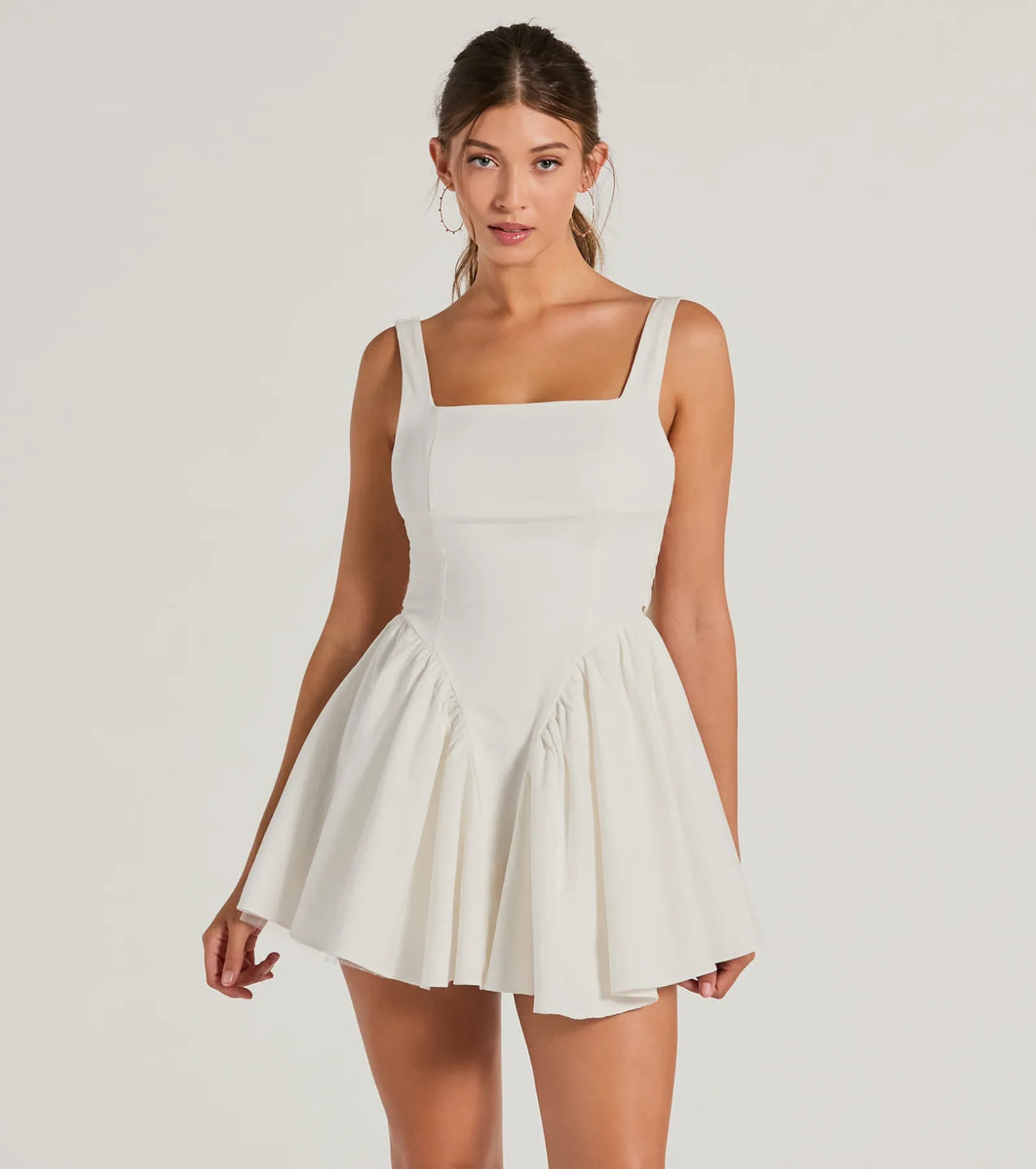 white bow back detail skater dress Women's Premium White Organza Bust Bow Detail Skater Dress