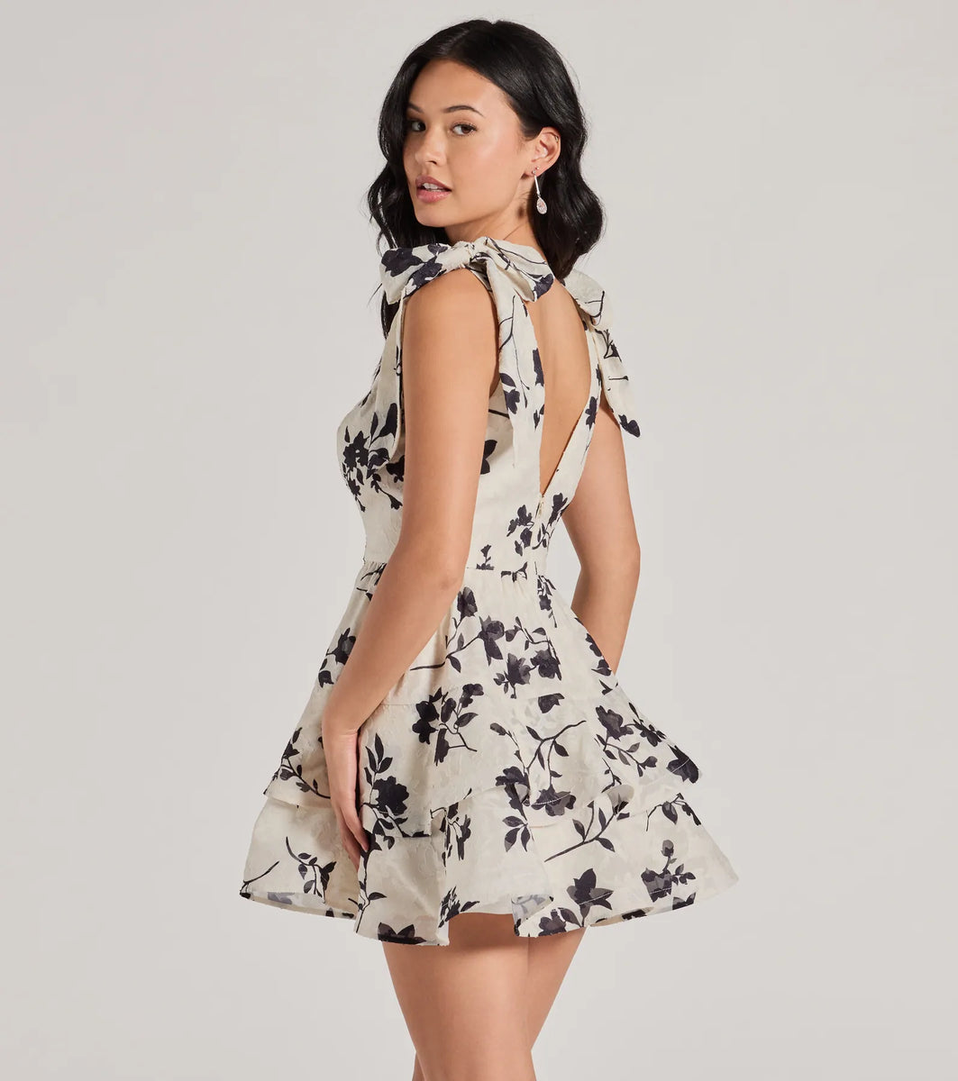 Chantel Bow Tie V-Neck Floral Ruffle Skater Dress | Windsor