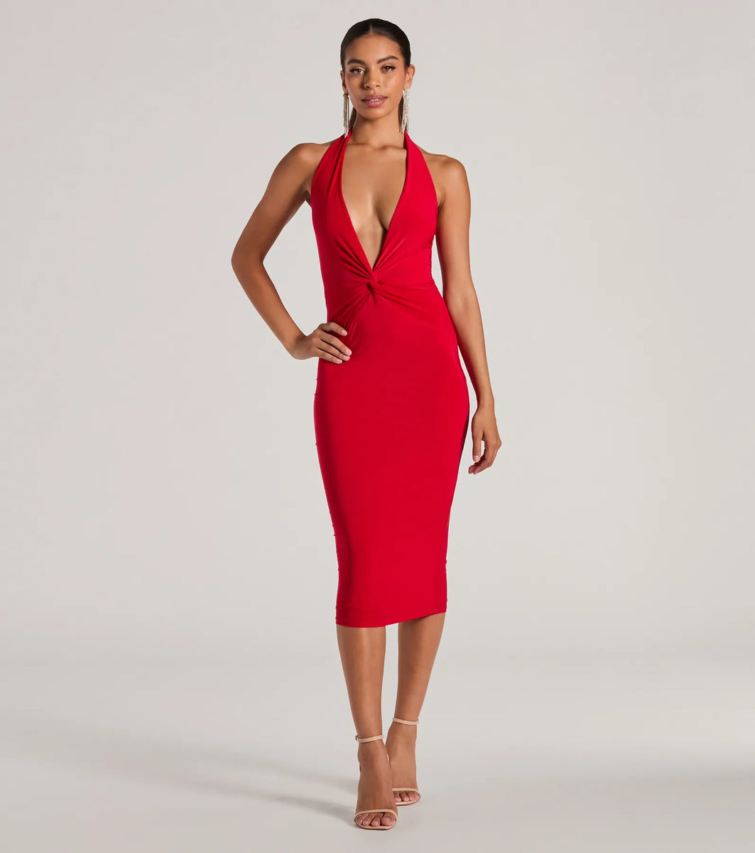 Evening Of Sultry Plunge V-Neck Halter Midi Dress | Windsor Evening Of Sultry Plunge V-Neck Halter Midi Dress | Windsor