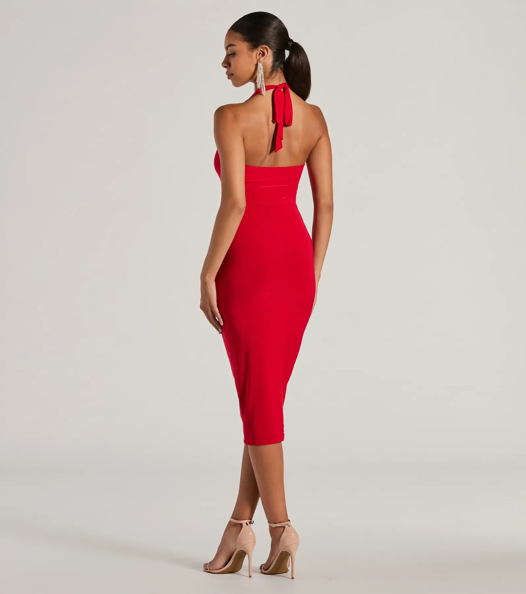 Evening Of Sultry Plunge V-Neck Halter Midi Dress | Windsor