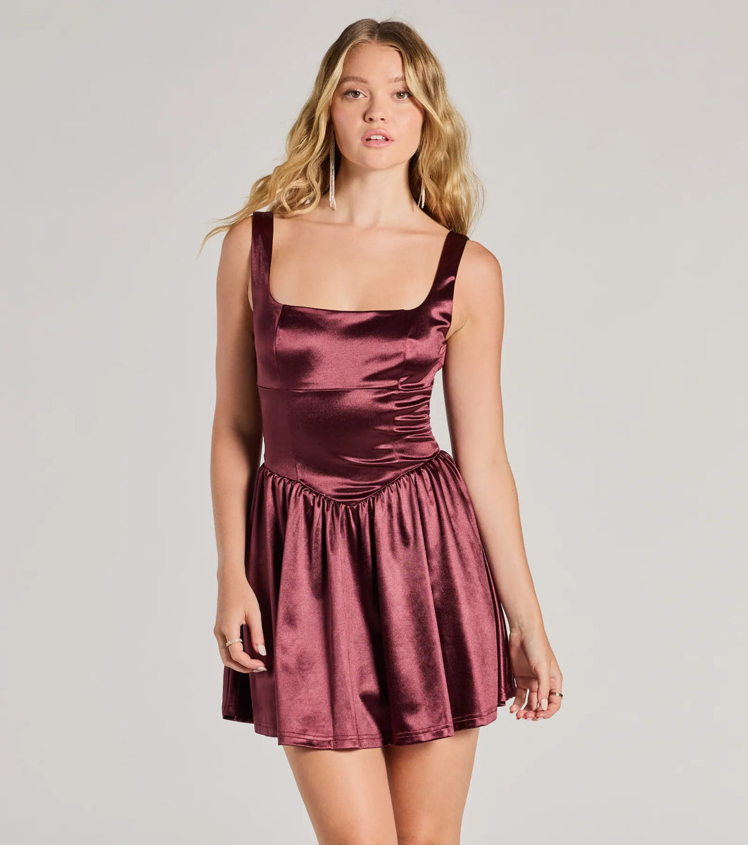 Captivating Charm Sleeveless Tie Back Satin Skater Dress | Windsor Captivating Charm Sleeveless Tie Back Satin Skater Dress | Windsor