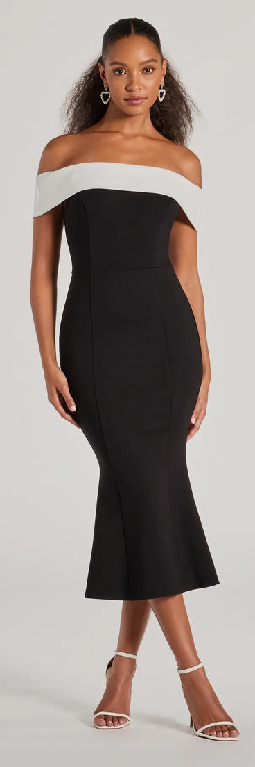 The midi dress length on the Enticing Sultry Off-The-Shoulder Mermaid Midi Dress provides an elevated silhouette perfect for any party, occasion, or everyday styling.