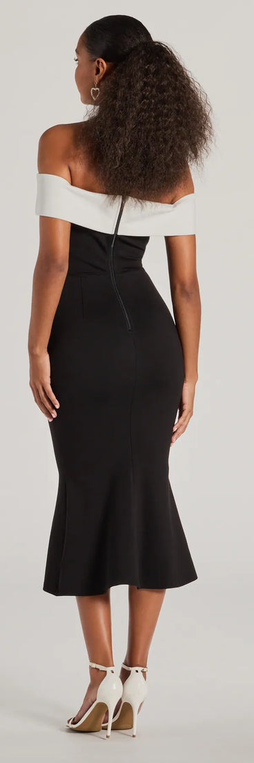 The midi dress length on the Enticing Sultry Off-The-Shoulder Mermaid Midi Dress provides an elevated silhouette perfect for any party, occasion, or everyday styling.