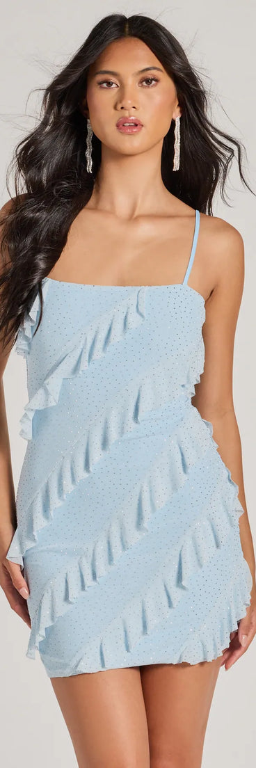 Own your moment in the Glitzy Cutie Rhinestone Ruffled Mesh Mini Dressin blue, a standout 2025 Homecoming Dress that captures all the glam and energy of the night.