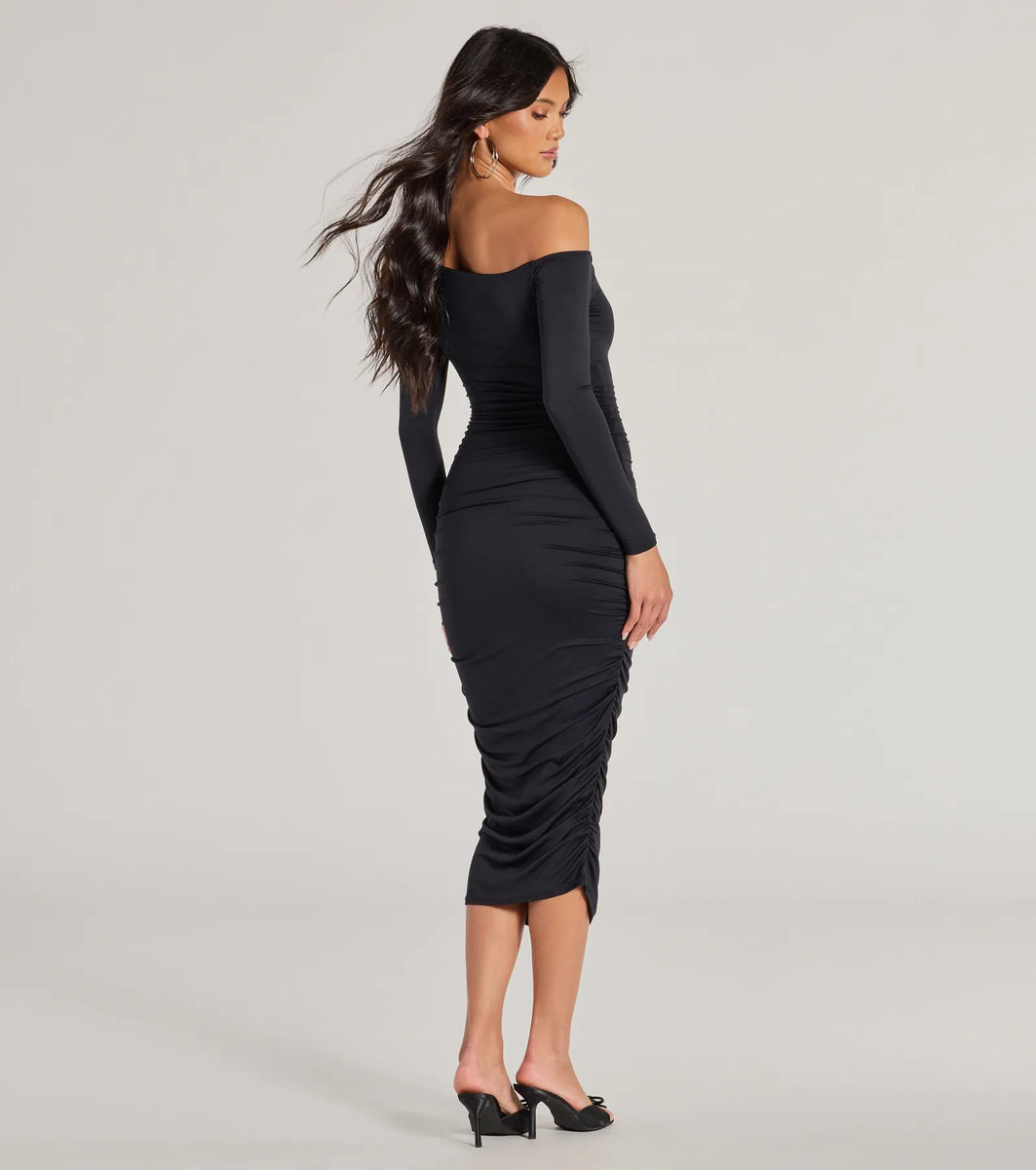 Dinner Date Off-The-Shoulder Long Sleeve Midi Dress | Windsor Dinner Date Off-The-Shoulder Long Sleeve Midi Dress | Windsor
