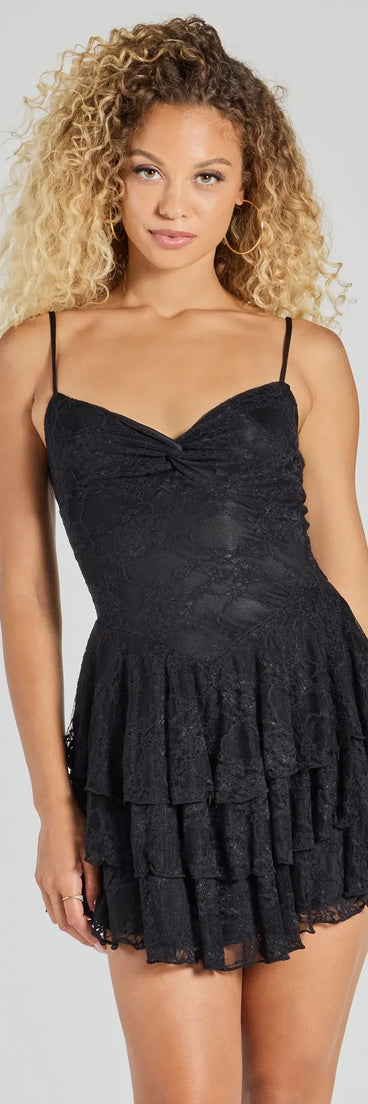 Keep it classic with the Adorable Muse Ruffled Lace Skater Dress, a feed-worthy pick from Windsor's black homecoming dress collection made to stop their scroll from pictures to the dance floor.