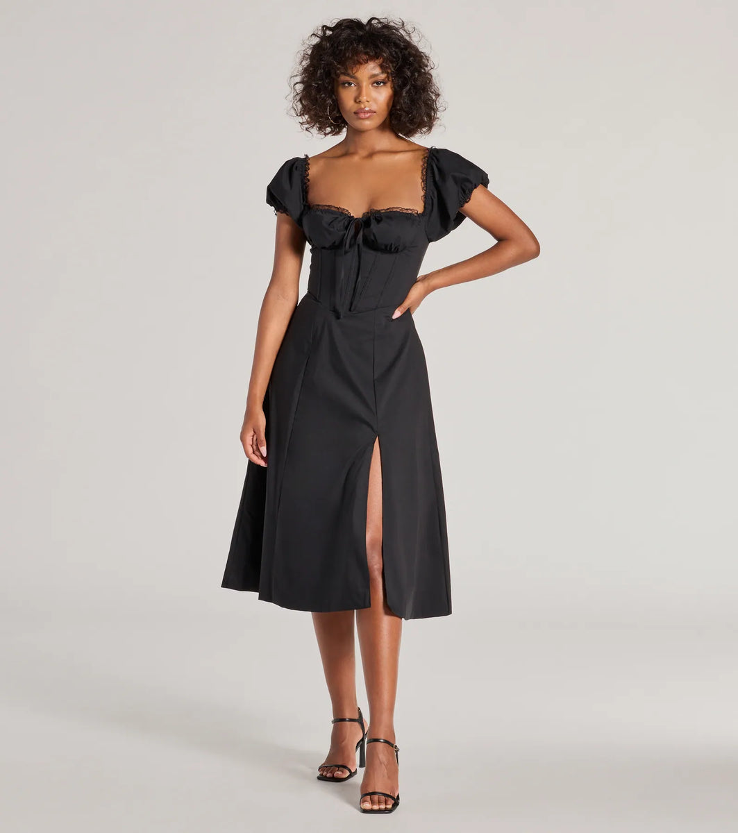 puff sleeve black midi dress Flawless Puff Sleeve Corset Midi Dress