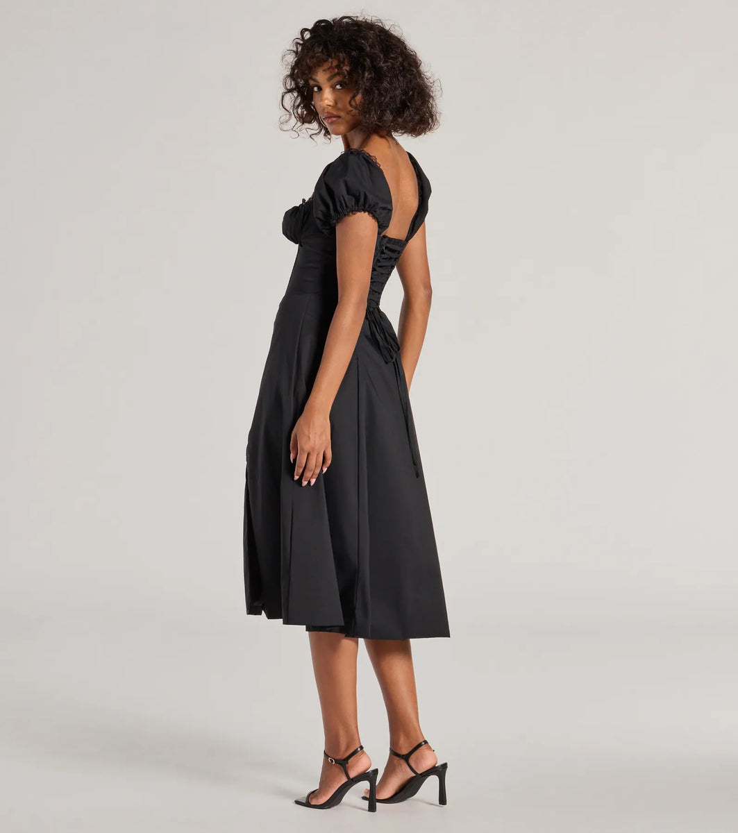 slain puff sleeve corset midi dress Flawless Puff Sleeve Corset Midi Dress
