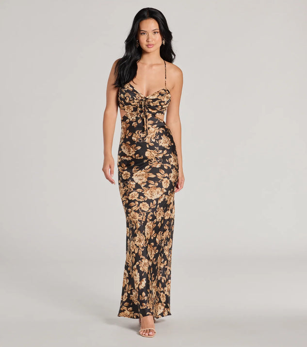 Elevate your winter wardrobe with the Gorgeous Bloom Floral Satin Maxi Dress— a party-ready black cocktail dress featuring seasonal accents and a sophisticated style, ideal for semi-formal holiday events from family dinners to NYE celebrations.