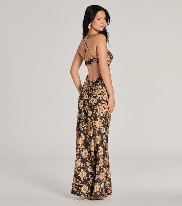The Gorgeous Bloom Floral Satin Maxi Dress in black combines chic design and festive charm, offering a cocktail dress perfect for winter cocktail parties, work events, and holiday soirées.