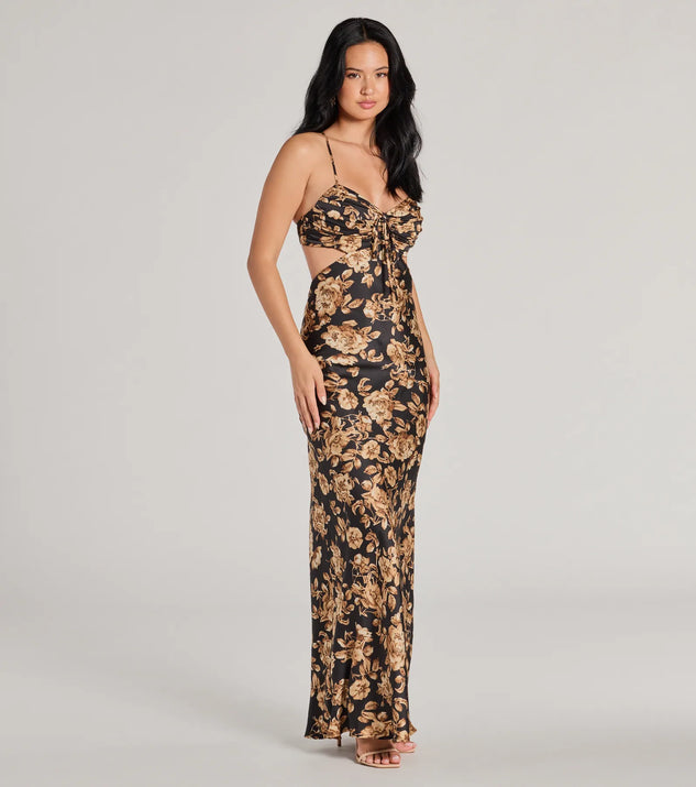 The stunning Gorgeous Bloom Floral Satin Maxi Dress provides a chic silhouette and party-ready details that make it a standout black dress for cocktail events, New Year's Eve parties, or as a winter wedding guest look.