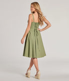 The Picturesque Cutie Corset Lace-Up A-Line Midi Dress is a sage green dress, an essential holiday or NYE dress that pairs chic style with versatility making it perfect for cocktail events, New Year's Eve parties, or as a winter wedding guest look.