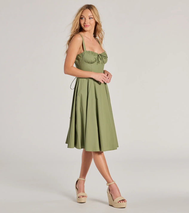 The Picturesque Cutie Corset Lace-Up A-Line Midi Dress is a sage green dress, an essential holiday or NYE dress that pairs chic style with versatility making it perfect for cocktail events, New Year's Eve parties, or as a winter wedding guest look.