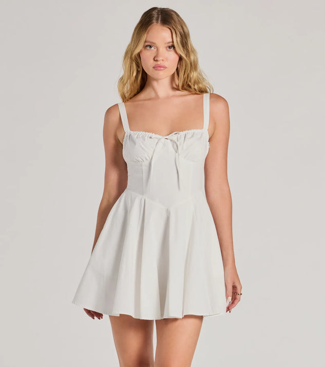 Step into winter chic with the Ray Of Beauty Lace-Up Corset Skater Dress, a white mini dress featuring an above-the-knee cut ideal for cocktail parties, festive gatherings, or clubwear.