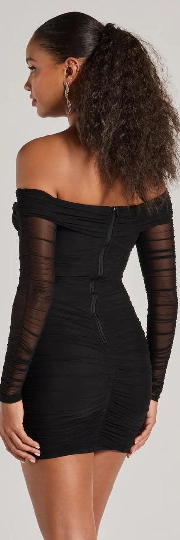 Sultry Looks Mesh Off-The-Shoulder Bodycon Mini Dress in black, a stunning Valentine's Day dress with a flattering fit and romantic details, perfect for date night or Galentine’s celebrations.