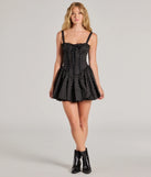 The Pretty Vibes Polka Dot Drop Waist Skater Dress is a stunning black mini dress with a short hem, designed to be the perfect winter cocktail dress or night-out look for the holiday season.