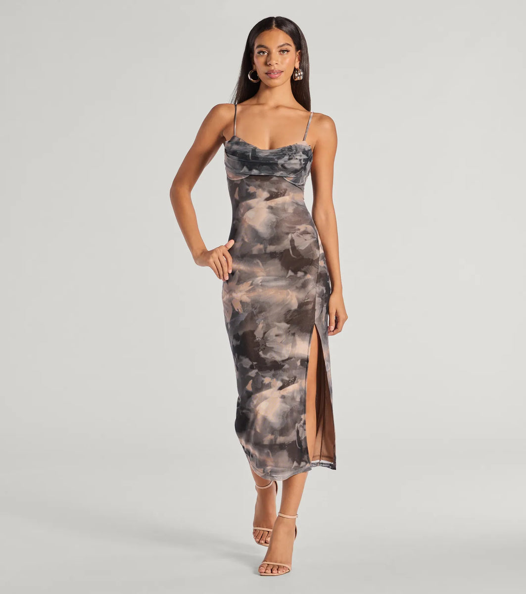 Dare To Allure Abstract Print High Slit Midi Dress | Windsor