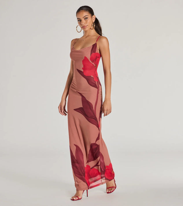 The Gorgeous Aura Floral Mesh Maxi Dress is a taupe dress, an essential holiday or NYE dress that pairs chic style with versatility making it perfect for cocktail events, New Year's Eve parties, or as a winter wedding guest look.