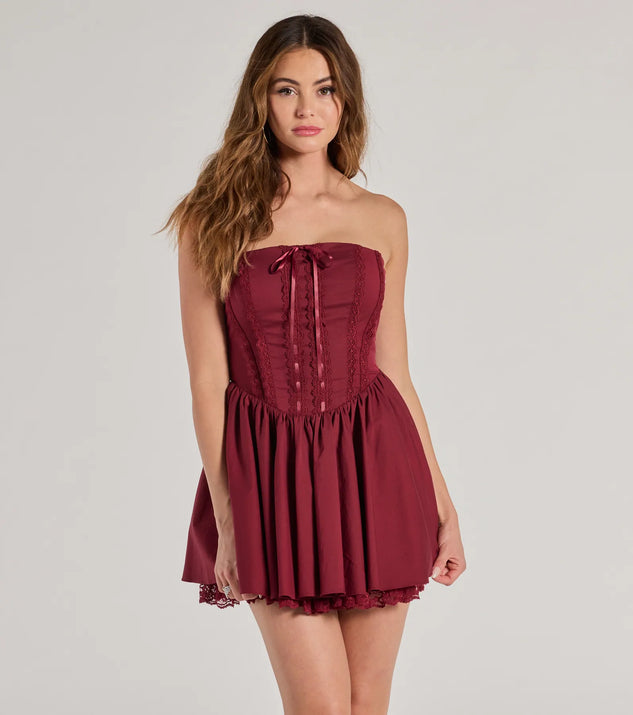 Step into winter chic with the Adorably Flirty Lace Trim Drop Waist Skater Dress, a wine mini dress featuring an above-the-knee cut ideal for cocktail parties, festive gatherings, or clubwear.