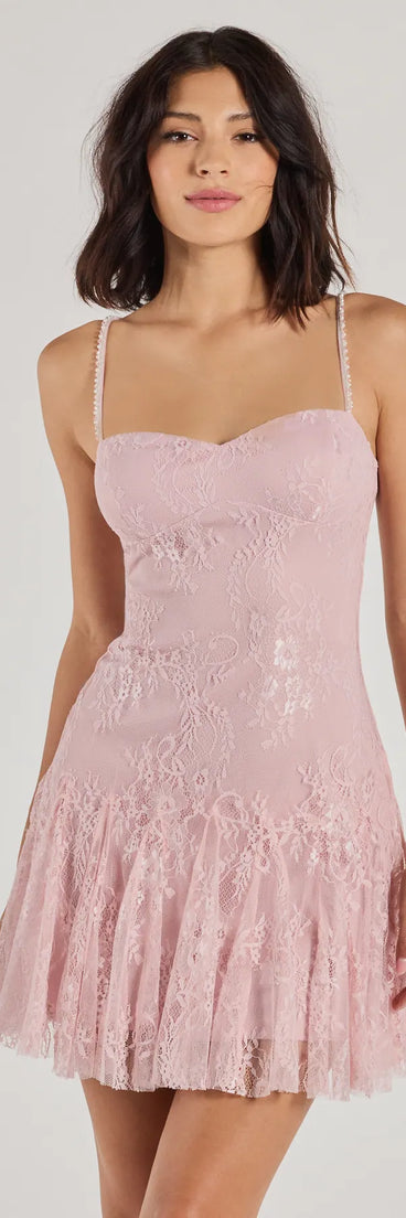 Bring a fun and feminine vibe with the Sweet Glamour Beaded Strap Lace Mini Dress, a scroll-stopping style from Windsor's pink homecoming dress collection that brings playful charm to every HOCO moment.