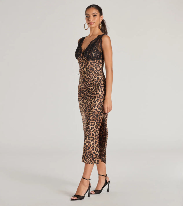 Turn heads with the Sleek Leopard Print Lace And Satin Midi Dress, a brown New Year's Eve dress featuring a festive style and glamorous accents, ideal for any NYE celebration or cocktail party.