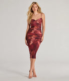 Elevate your winter wardrobe with the Romantic Glam Abstract Floral Ruched Midi Dress— a party-ready maroon cocktail dress featuring seasonal accents and a sophisticated style, ideal for semi-formal holiday events from family dinners to NYE celebrations.