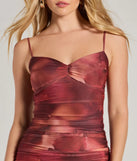 Elevate your winter wardrobe with the Romantic Glam Abstract Floral Ruched Midi Dress— a party-ready maroon cocktail dress featuring seasonal accents and a sophisticated style, ideal for semi-formal holiday events from family dinners to NYE celebrations.