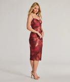 The Romantic Glam Abstract Floral Ruched Midi Dress in maroon combines chic design and festive charm, offering a cocktail dress perfect for winter cocktail parties, work events, and holiday soirées.