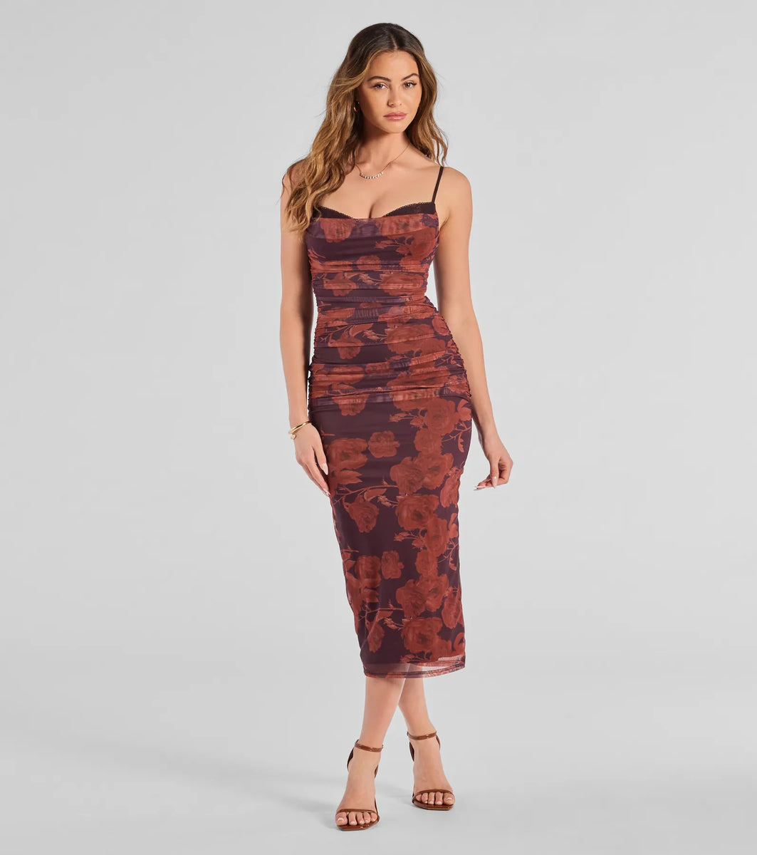 vilma floral ruched midi dress Vilma Satin Wrap Midi Dress VICI