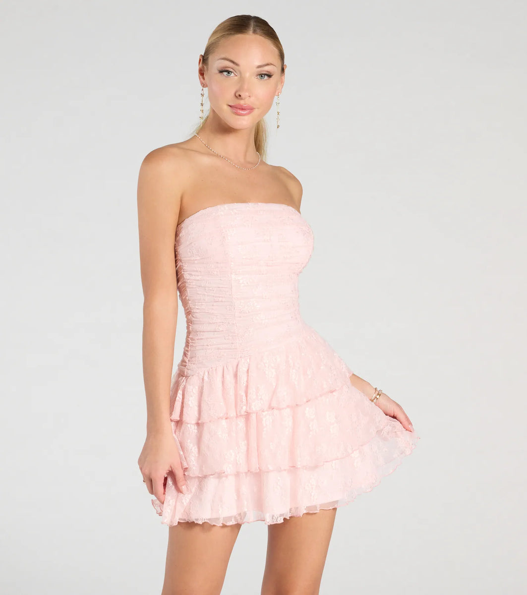 Windsor Lovely Nights Strapless Lace Ruffle Skater Dress in White | Size: XL | Lace Fabric/Knit Fabric Windsor Lovely Nights Strapless Lace Ruffle Skater Dress in White | Size: XL | Lace Fabric/Knit Fabric