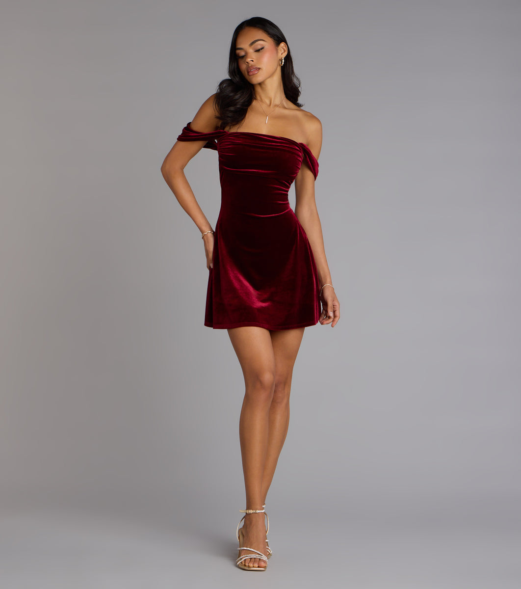 Off-shoulder flared silk-velvet mini dress