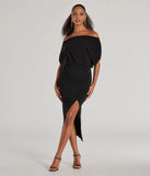 Elevate your winter wardrobe with the Stop And Stun Off-The-Shoulder Midi Dress— a party-ready black cocktail dress featuring seasonal accents and a sophisticated style, ideal for semi-formal holiday events from family dinners to NYE celebrations.
