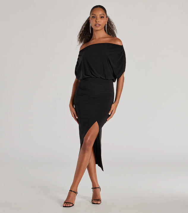 Elevate your winter wardrobe with the Stop And Stun Off-The-Shoulder Midi Dress— a party-ready black cocktail dress featuring seasonal accents and a sophisticated style, ideal for semi-formal holiday events from family dinners to NYE celebrations.