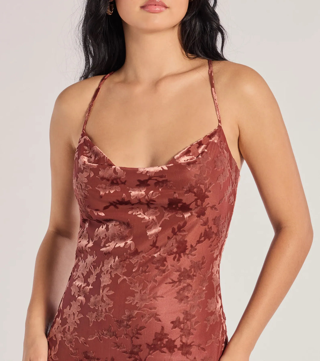Charming Muse Open Back Flocked Velvet Midi Dress | Windsor