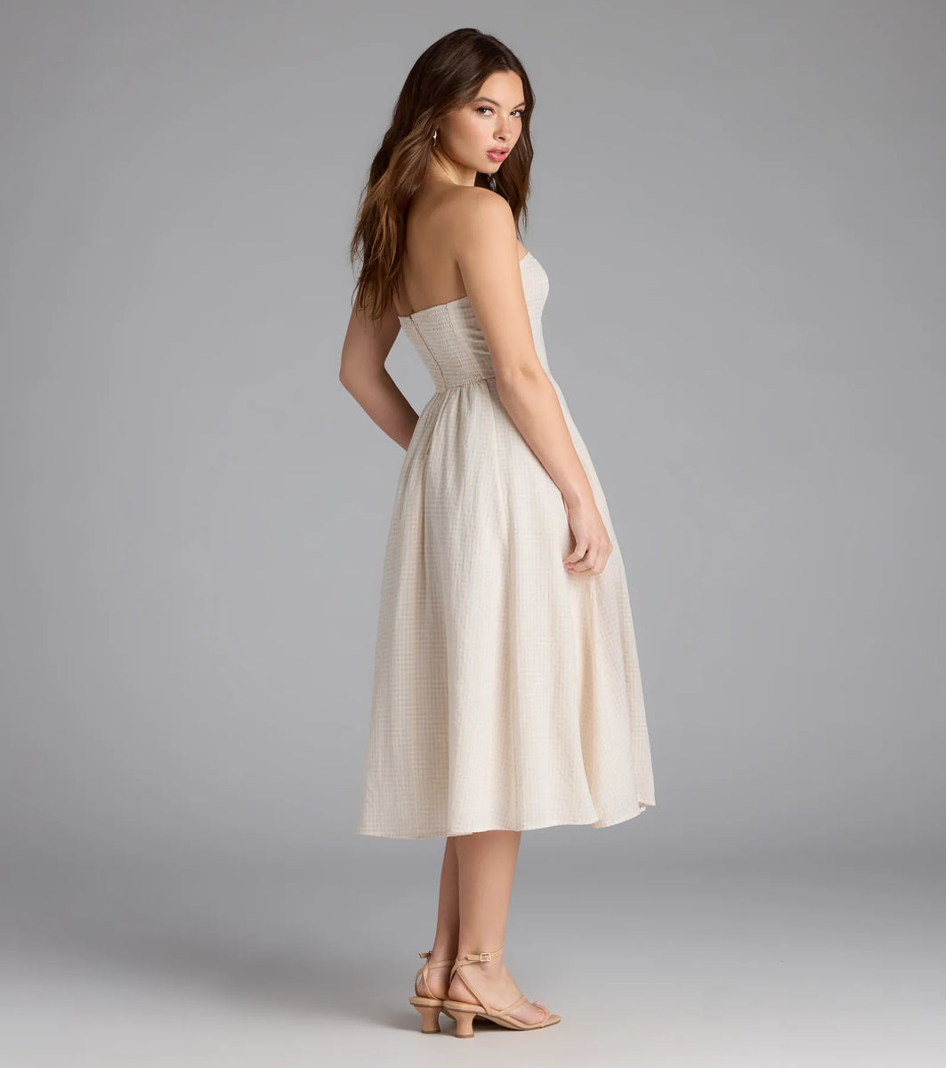 Love's A Picnic Strapless Gingham A-Line Midi Dress