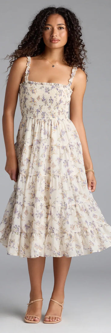 Soak up the season in the Effortless Love Ruffled Floral Chiffon Midi Dress, a natural sundress styled for easy days, outdoor plans, and everything in between.