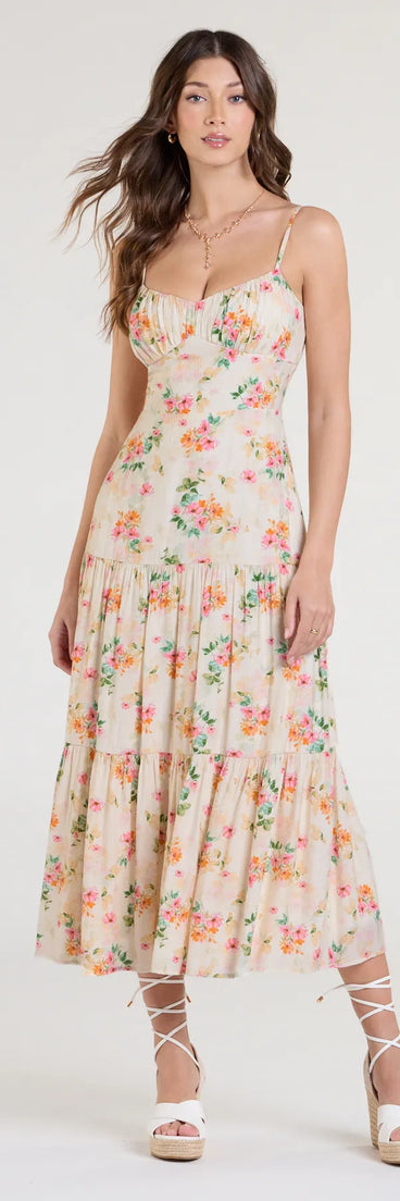 Step into milestone moments with the Delightful Directions V-Neck Floral Ruffled Midi Dress, a standout in ivory dresses perfect for bridal showers, anniversary celebrations, and 2025 grad looks.