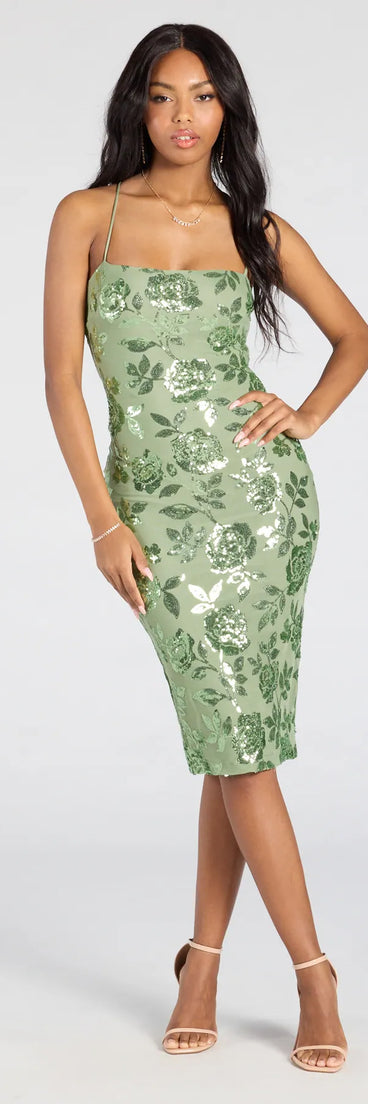 The Touch Of Glamour Lace-Up Floral Sequin Midi Dress in sage green features a flattering fit and mid-calf hem, redefining effortless midi dresses for any occasion.