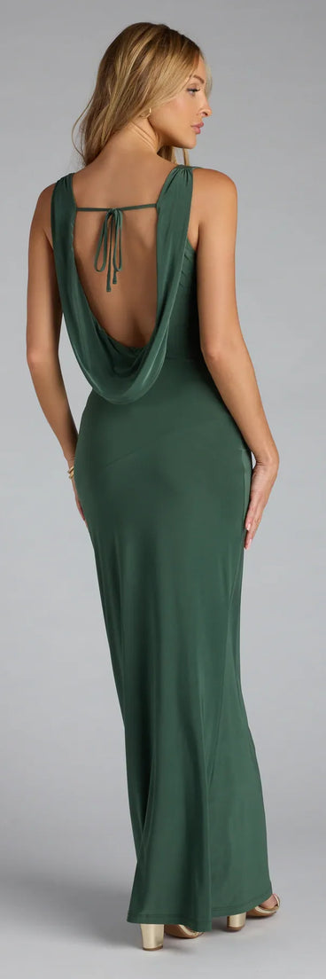 A stunning pick for an engagement photoshoot outfit or autumn wedding guest dress, this fall formal dress showcases the Little Bit Of Drama Low Back Maxi Dress in olive green with a graceful silhouette that captures the moment.